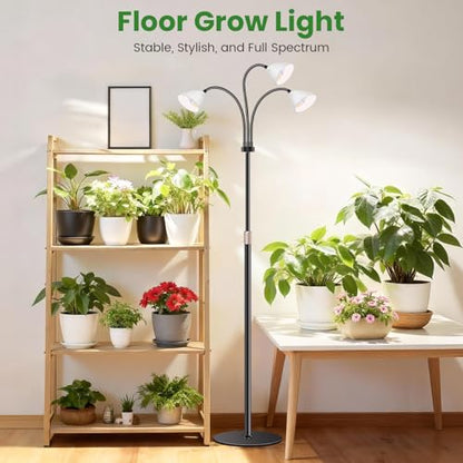 Floor Grow Lights for Indoor Plants, Full Spectrum, for Tall Plant | 3-Head Gooseneck Grow Lamp, 2.3in Spotlight-Style Heads, 78 Red/Blue/White LEDs, Timer & Dimming, 16.5-61in Height, Black - size: 3-Head