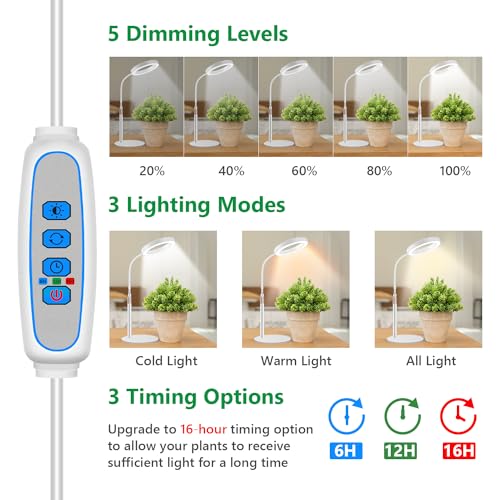 Aumtrly Desk Grow Light Full Spectrum with Base for Indoor Plants Growing | 80 LED, White Halo Design, 24.5-inch Height Adjustable, 6/12/16H Timer, 5 Dimming Levels, 3 Light Modes, Flexible Gooseneck - size: 1 head 24.5inch/white