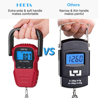 HEETA Fish Scale Digital Fishing Luggage Weight Scale with Measuring Tape | Up 110lb/50kg Portable Hanging Scale with Backlit LCD Display for Home Farm Outdoor Hunting Fishing, 2 AAA Batteries Included - color: Red
