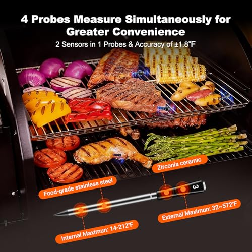4-Probes Smart Wireless Meat Thermometer with WiFi & Bluetooth, Digital Meat Thermometer for Smoker, Oven & BBQ, Rechargeable Magnetic Base, Large Digital Backlit Screen