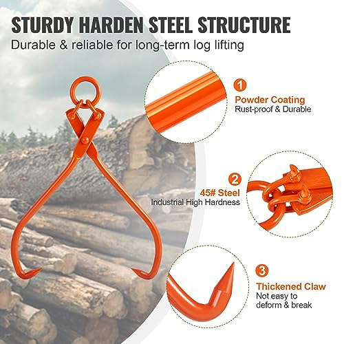 VEVOR Log Skidding Tongs, 32 inch 2 Claw Log Lifting Tongs, Heavy Duty Steel Lumber Skidding Tongs, 1543 lbs/700 kg Loading Capacity, Log Lifting, Handling, Dragging & Carrying Tool - style: 32in-O-Ring