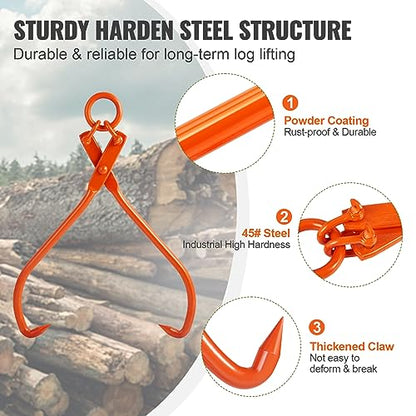 VEVOR Log Skidding Tongs, 32 inch 2 Claw Log Lifting Tongs, Heavy Duty Steel Lumber Skidding Tongs, 1543 lbs/700 kg Loading Capacity, Log Lifting, Handling, Dragging & Carrying Tool - style: 32in-O-Ring