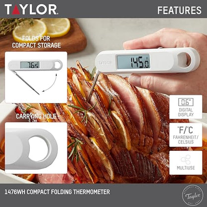 Taylor Folding Stem Display Food Instant Read Digital Thermometer, 0.7 Inch LCD Readout, White (1476WH) - color: White