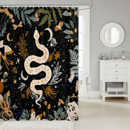 Snake Shower Curtain Sun And Moon Bath Curtain Moth Sugar Skull Bathroom Sets For Kids Boys Girls Galaxy Starry Sky Butterfly Animal Fabric Curtains Sets Waterproof 72"W x 72"L Black with 12 Hooks - color: Pattern 07, size: 72"W x 72"L (Pack of 1)