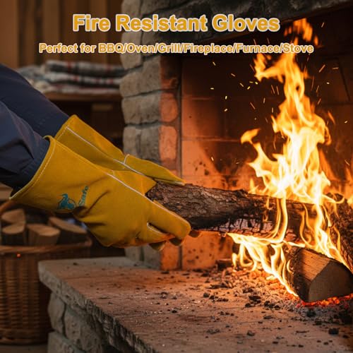 Welding Gloves Heat Resistant Leather Fire Gloves 14 In Yellow | Welders Gloves for MIG TIG Stick, Grill Gloves Mitts for BBQ,Oven,Forge,Fireplace,Fire Pit,Furnace,Wood Stove,Dry Ice,Baking - color: 14 Inches Yellow