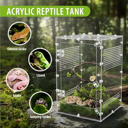 Reptile Enclosure 10 Gallon for Crested Gecko, Lizard, Bearded Dragon, Snakes，Frogs, Large Spiders, Acrylic Reptile Tank Feeding Terrarium with Front & Top Opening Doors and Vent Holes - 12"*12"*18" - size: X Large-18''x12''x12''