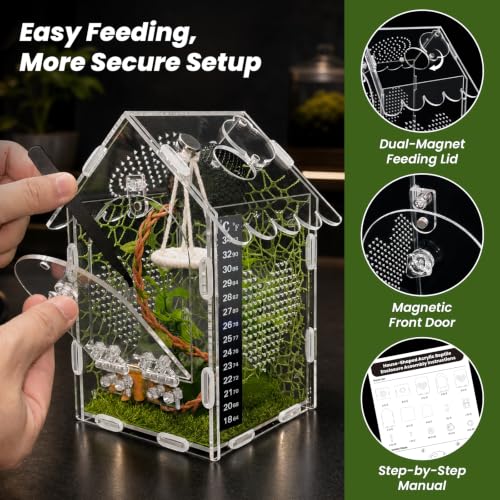 Jumping Spider Enclosure Kit, 5x5x8 Acrylic Terrarium Starter Set | Front-opening design Vertical habitat layout,Transparent viewing panels for desks, shelves and pet rooms