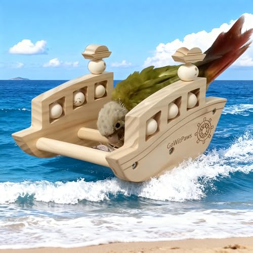 Natural Wooden Rocking Boat Perch Stand with Rotating Beads, Small & Medium Bird Playground Toy for Parakeets, Conure, Cockatiel, 7x5.5x5.3 Inch