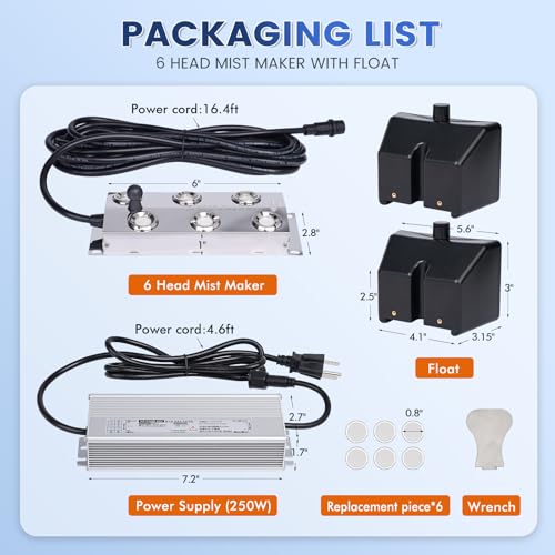 Ultrasonic Mist Maker 6 Head, 4500mL/H Pond Fogger with 250W Power Supply, Buoy, Replacement Discs, for Pond, Garden, Rockery, Greenhouse,Mushroom Halloween Decoration (6 Heads) - style: 6 Heads