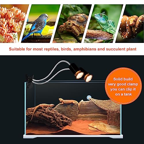 Reptile Heat Lamp, Double-Head Reptile Light Timer, UVA UVB Reptile Light with Clamp for Tortoise, Leopard Gecko, Bearded Dragon, Lizards and More, E26/27 Base with 3 Bulbs - style: Dual-Head-Lamp