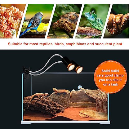 Reptile Heat Lamp, Double-Head Reptile Light Timer, UVA UVB Reptile Light with Clamp for Tortoise, Leopard Gecko, Bearded Dragon, Lizards and More, E26/27 Base with 3 Bulbs - style: Dual-Head-Lamp