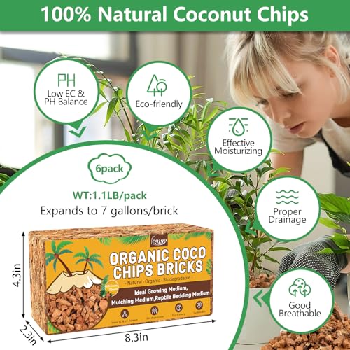 6 Pack Coco Chips for Plants- 6.6lb Organic Coconut Husk Potting Mix | Coconut Mulch Coco Husk Chips for Garden, Potted Plants, Orchid Repotting Soil Mix, High Expansion & Moisture Retention - size: 6 Pack