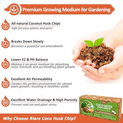 Riare 2 Pack Organic Coco Coir Chips for Plants, 2.2 lb Coconut Husk Bricks | Low EC & pH-Balanced Coco Husk Substrate with Drainage & Aeration, High-Expansion Mulch for Landscaping, Orchids & Soil Mix - size: 2 Pack