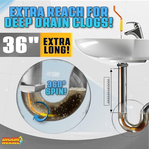 FlexiSnake Drain Weasel PowerSnake Drain Hair Clog Remover Tool, 3 Wands | 36" Long Refills, Plumbing Snake Auger for Cleaning Shower, Tub, Bathroom with Drill Connector, Rotating Handle, Made in USA