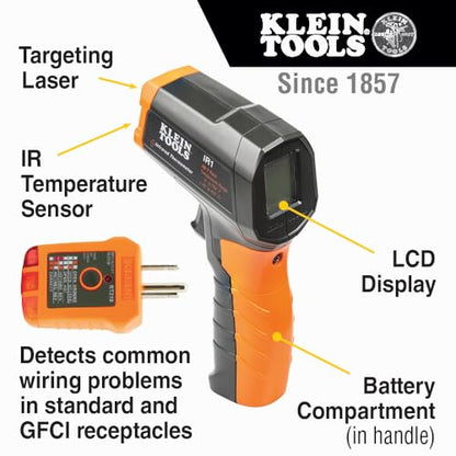 Klein Tools IR1KIT Infrared Thermometer and GFCI Receptacle Tester Kit, Non-Contact Digital Temperature Measurement and Electrical Tester - style: IR Thermometer w/GFCI Tester