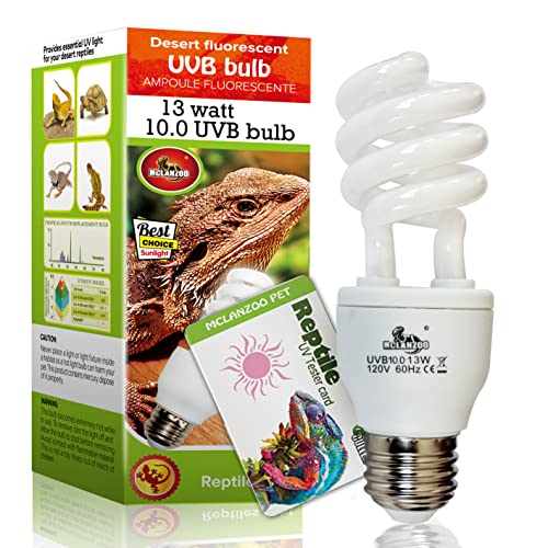 UVA UVB Light Reptile Bulb 10.0 13W Desert Compact Fluorescent Terrarium Lamp for Bearded Dragon, Turtle, Snake, Gecko, Lizard With UV Tester Card
