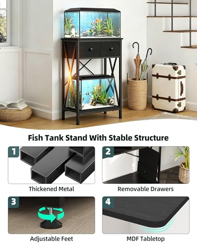 Fish Tank Stand with Drawer, 5-10 Gallon Aquarium Stand Easy Assemble | Stable Metal Frame, 2-Tier Breeder Reptile Turtle Terrarium Table Fits Office Home, 19.4"x11" MDF Tabletop, 220 lbs Capacity - color: Black, size: 5-10 Gallon