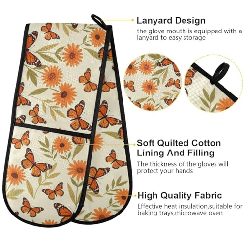 Dual-functionality Mitts and Pot Holders Sets High Heat Resistant Pot Holder Gloves Kitchen Aid BBQ (Monarch Butterfly Flower) - color: Monarch Butterfly Flower