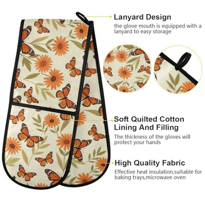 Dual-functionality Mitts and Pot Holders Sets High Heat Resistant Pot Holder Gloves Kitchen Aid BBQ (Monarch Butterfly Flower) - color: Monarch Butterfly Flower