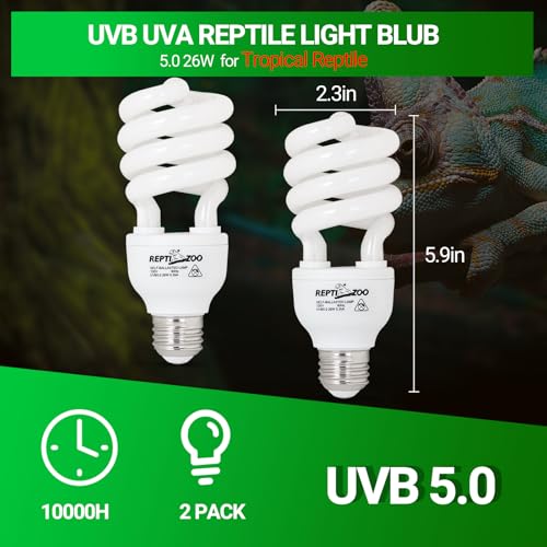 REPTI ZOO UVB Light for Tropical Reptile, 2 Pack 5.0 26W UVA UVB Reptile Light Bulb, UVB Lamp for Crested Gecko Leopard Gecko Frog Toad Snake Chameleon - size: 5.0 26W