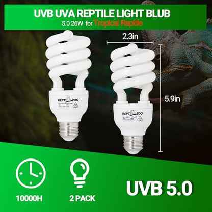 REPTI ZOO UVB Light for Tropical Reptile, 2 Pack 5.0 26W UVA UVB Reptile Light Bulb, UVB Lamp for Crested Gecko Leopard Gecko Frog Toad Snake Chameleon - size: 5.0 26W