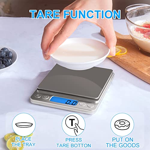 Small Digital Food Scale Ounce/OZ and Gram Scale, Kitchen Scale 3000g/0.1g High Precision for Baking, Soap Making, Jewelry, Includes 2 Trays and Batteries, 9 Units, Tare Function, Easy to Store - color: Silver
