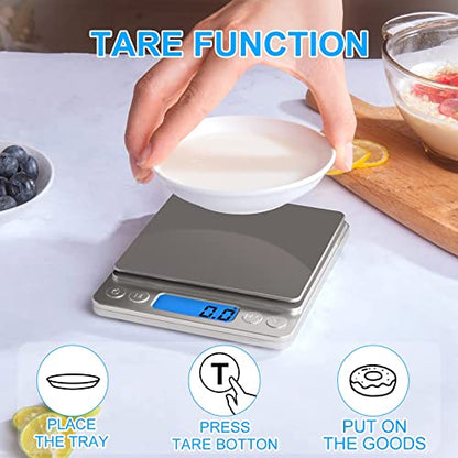 Small Digital Food Scale Ounce/OZ and Gram Scale, Kitchen Scale 3000g/0.1g High Precision for Baking, Soap Making, Jewelry, Includes 2 Trays and Batteries, 9 Units, Tare Function, Easy to Store - color: Silver