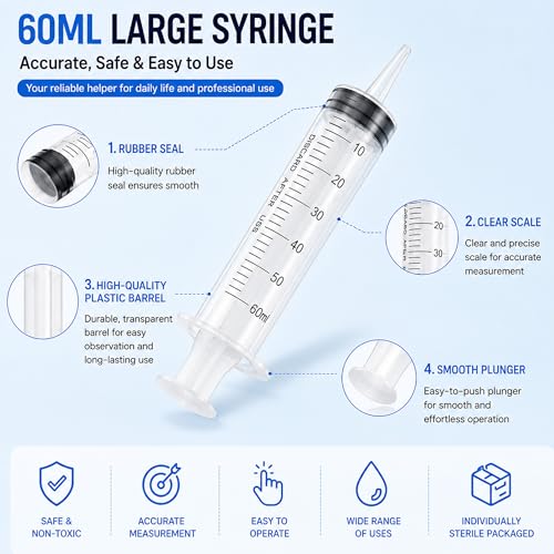 10 Pack 60ml Syringe for Liquid - Large Plastic Syringes Without Needle for Food Thick Liquids and Irrigation Water, Lip Gloss Filling, Measuring ( 10 Pack 60 ml / cc ) - size: 60ml