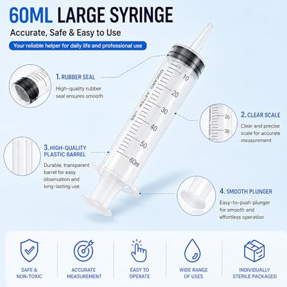 10 Pack 60ml Syringe for Liquid - Large Plastic Syringes Without Needle for Food Thick Liquids and Irrigation Water, Lip Gloss Filling, Measuring ( 10 Pack 60 ml / cc ) - size: 60ml