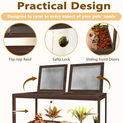 Bearded Dragon Tank 81 Gallon, 48 x 20 x 20 Inch Wooden Reptile Enclosure with Metal Mesh Top, Clear Acrylic Sliding Doors and Lock, Large Lizard and Snake Tank, Walnut