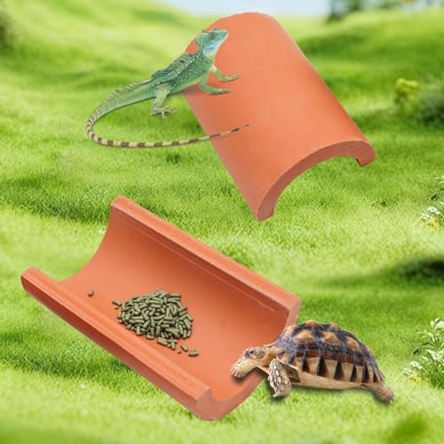 2 Pack Reptile Hide Cave, Natural Terracotta Lizard Habitat Hideout, Bearded Dragon Food Bowl, Tank Terrarium & Aquarium Decor Accessories for Hermit Crab Leopard Gecko Snake Spider Hamster Turtle