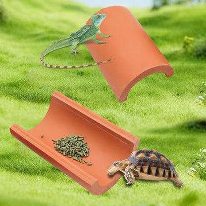 2 Pack Reptile Hide Cave, Natural Terracotta Lizard Habitat Hideout, Bearded Dragon Food Bowl, Tank Terrarium & Aquarium Decor Accessories for Hermit Crab Leopard Gecko Snake Spider Hamster Turtle