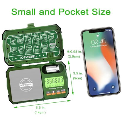 Pocket Scale, 500g x 0.01g, Dual Powered, Precision Gram Jewelry Scale with Zipper Case, Digital Small Coin Scale, Large Backlight Display, 6 Weighing Units,Cal Weight, USB Cable Included - color: Army Green