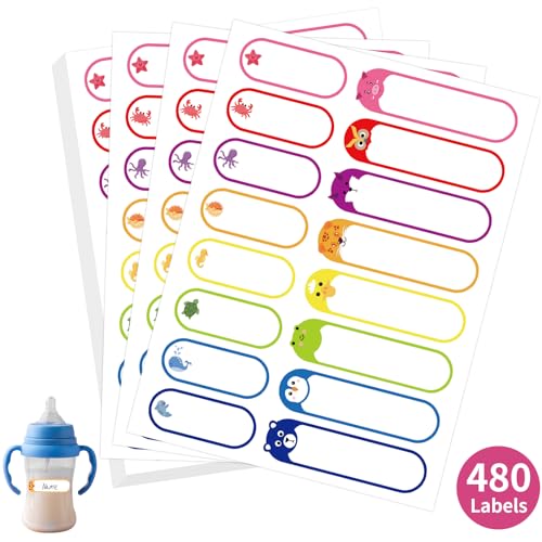 480 Pcs Waterproof Labels for Kids Stuff Daycare Name Bottle Essentials | Animal Self-Adhesive Baby Water Bottle Stickers for School Supply, Self-Laminating Write-on, Reusable Washable - style: Animal