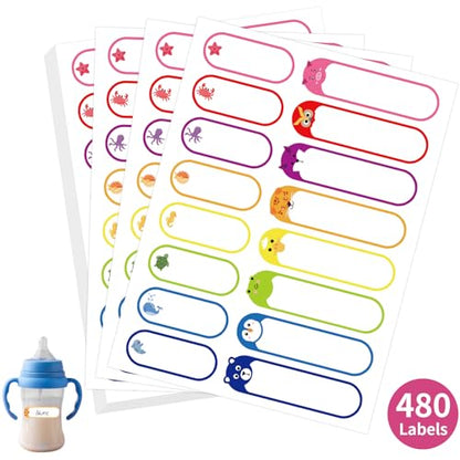 480 Pcs Waterproof Labels for Kids Stuff Daycare Name Bottle Essentials | Animal Self-Adhesive Baby Water Bottle Stickers for School Supply, Self-Laminating Write-on, Reusable Washable - style: Animal