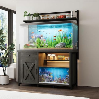 55-75 Gallon Fish Tank Stand with Storage, Aquarium Stand with Shelf, Gray | 49.2 x 19.7 In Top, Upper Shelf, LED Light, 2 Outlets, 2 USB Ports, Metal Frame Support, Turtle Tank Stand, 1100 LBS - color: Gray