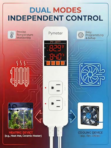 Digital Temperature Controller Dual Probe Reptile Thermostat Controlled Outlet for Terrarium Heat Mat Heating Pad, Switch Cooling Fan Freezer Fridge ON & Off at Setpoints 10A 1200W