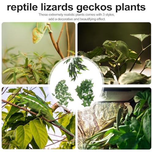 3pcs Reptile Habitat Artificial Vine Plants with Suction Cups, Leaf Green 12-inch and Two 30cm Vines, Terrarium Decor for Lizards, Geckos, and Snakes