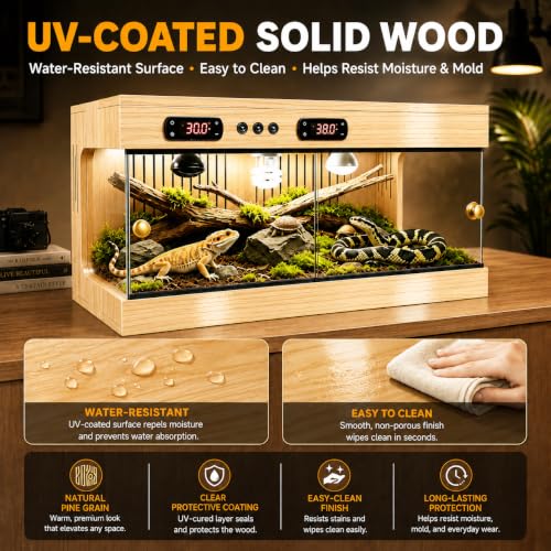 Reptile Terrarium for Lizard Tortoise Snake – Dual Thermostat Reptile Enclosure Stackable Wooden UV Coated with Ceramic Lamp Holder, Waterproof Easy Clean 3-Side Ventilation Anti-Escape (40x20x20 in) - size: 40x20x20 in