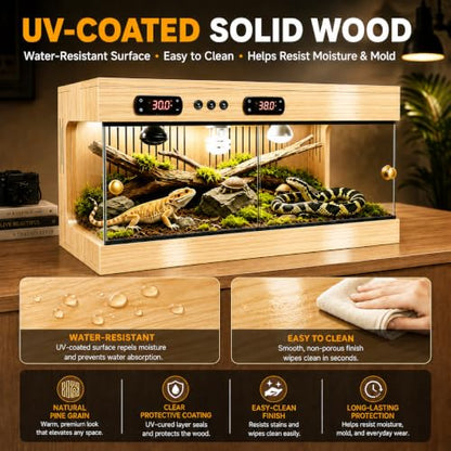 Reptile Terrarium for Lizard Tortoise Snake – Dual Thermostat Reptile Enclosure Stackable Wooden UV Coated with Ceramic Lamp Holder, Waterproof Easy Clean 3-Side Ventilation Anti-Escape (40x20x20 in) - size: 40x20x20 in