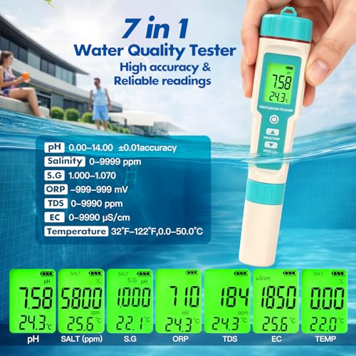 7 in1 Pool Thermometer, PH & Salt Meter, Digital Pool TDS EC ORP SG Salinity Test Kit, Professional High Accuracy Water Quality Tester & Monitor for Swimming Pool, Spa, Hot Tub, Hydroponics & Aquarium