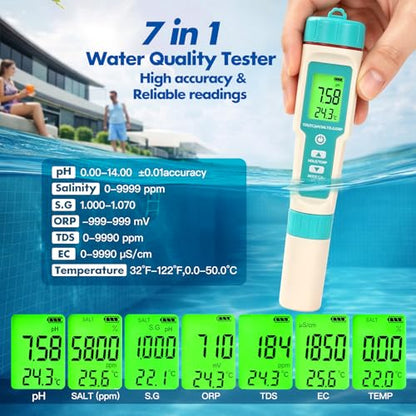 7 in1 Pool Thermometer, PH & Salt Meter, Digital Pool TDS EC ORP SG Salinity Test Kit, Professional High Accuracy Water Quality Tester & Monitor for Swimming Pool, Spa, Hot Tub, Hydroponics & Aquarium