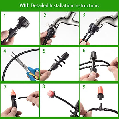 280 Pcs Drip Irrigation Kit, 147FT Garden Watering System 1/2 1/4 in Distribution Tubing Hose Automatic Patio Misting System Micro Automatic Drip Irrigation for Plant Garden Greenhouse Patio Lawn