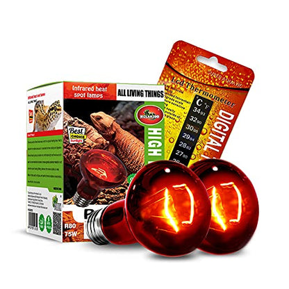 Infrared Heat Lamp Bulbs 75W 2 Pack,Red Basking Spot Light Bulb Reptile Heating lamp for Bearded Dragon,Turtle,Snake,Leopard Gecko,Chicked with Digital Temperature Thermometer - style: 75W(2 Pack)