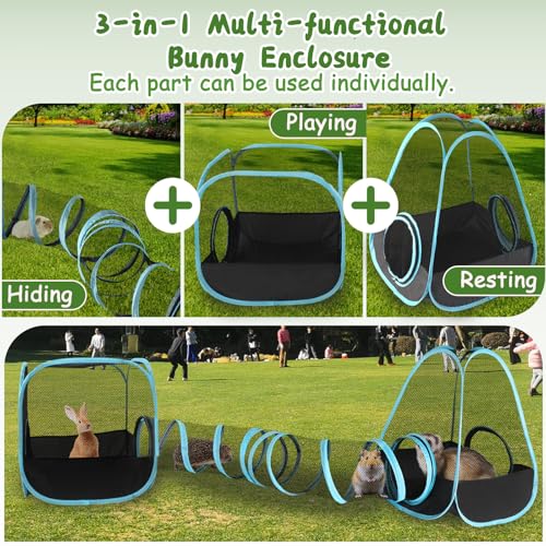 YUEPET Large Rabbit Tunnel, Bunny Tunnel for Small Pets, Ferret playpen | 3-in-1 Play Tunnel & Cube Tent, Breathable Mesh Rabbit Runs, Pop-Open Setup, Indoor Outdoor Use - color: Mesh Black Blue