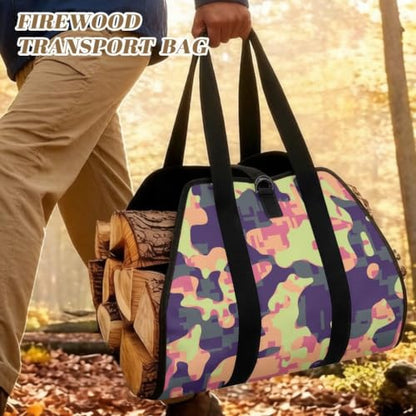 Pixel Camo Print Firewood Carrier Bag with Padded Handles | Adjustable Buckle Straps, Water Resistant, Suitable for Indoor Fireplace and Outdoor Camping - color: Pastel Pink Purple Pixel Camo Print