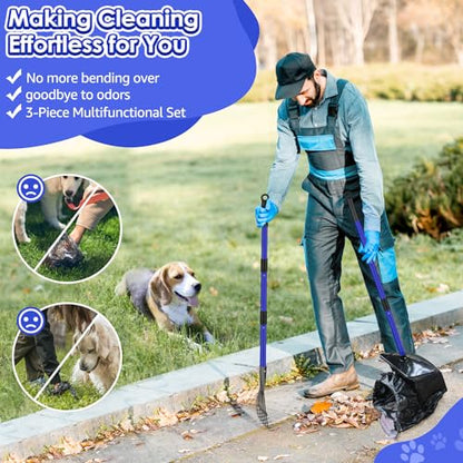 Lukovee Dog Pooper Scooper, 37.4" Long Metal Handle, No Bending Swivel Bin | Portable, Adjustable, Rake Spade Kit, Non-Stick Stainless Steel, 3L Odor-Seal Bin, Works on Grass Gravel Concrete, 20 Bags