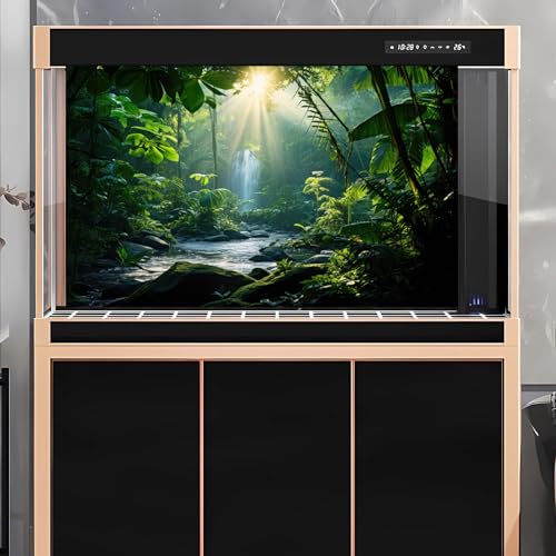 Jungle Aquarium Background Waterfall Lush Green Jungle Plants Terrarium Background Stream Big Rocks with Moss Fish Tank Background Natural Jungle Forest Landscape Aquarium Backdrop Vinyl 24x16in - color: Leaf Green, size: 24(W)x16(H)in