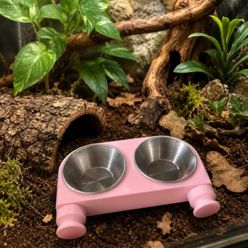 Magnetic Crested Gecko Feeding Ledge – Double Bowl Reptile Feeding Station for Arboreal Geckos (Pink) - color: pink