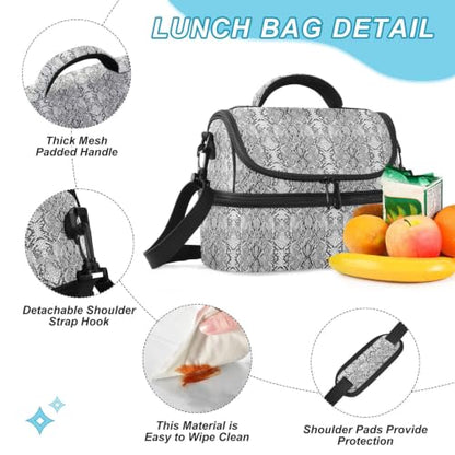 Snakeskin Grain Gray Insulated Lunch Tote Bag Organizer for Women | 8L Double Deck,Large Lunch Box with Shoulder Strap,Thermal Meal Prep,Suitable for Work School Picnic Office Travel